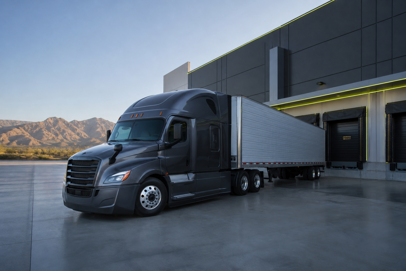 Semi truck at a modern distribution facility